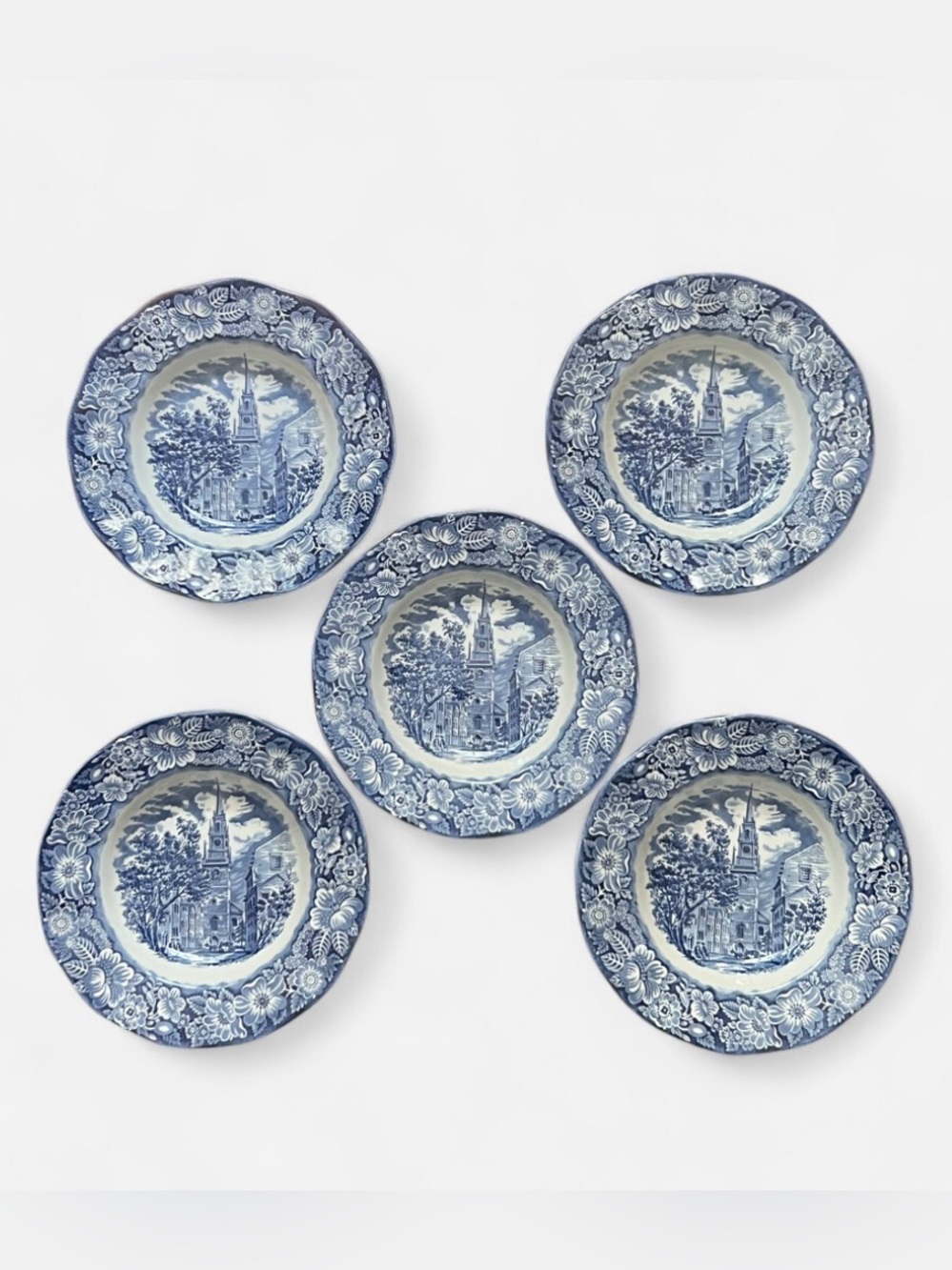 Vintage set of (5) Wedgwood Liberty Blue Old North Church soup bowls England